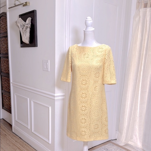 Adrianna Papell Womens Yellow Lace Shift Dress Elbow Sleeve Size 8 Spring Mod - Picture 2 of 11